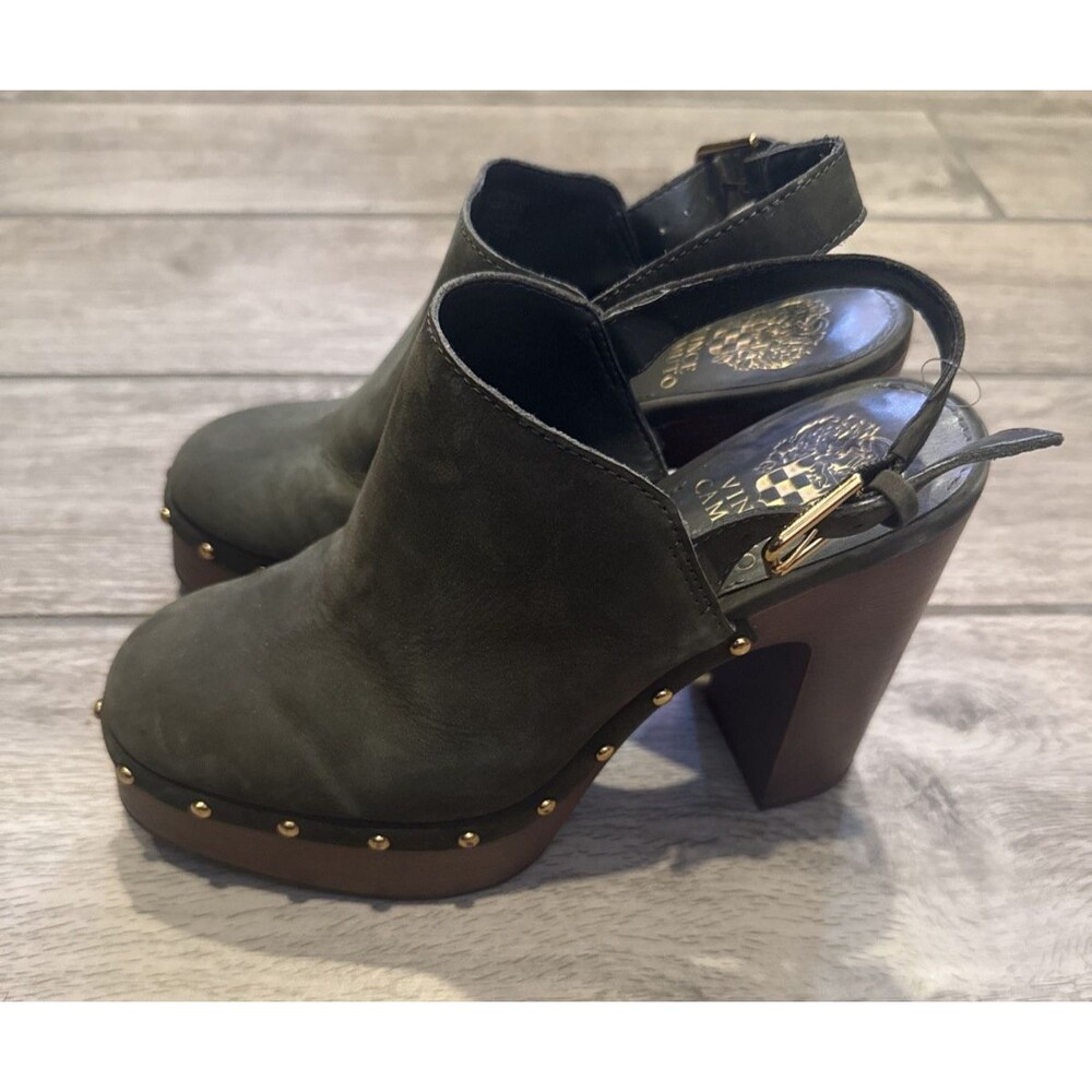 Vince Camuto Ithernda Platform Mules Clogs 7.5 Dark Green Wooden Studded